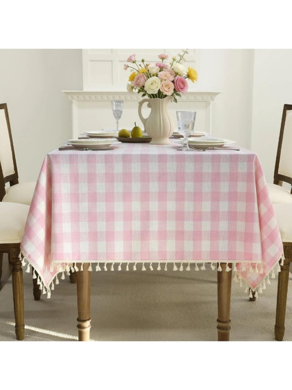 Pink Gingham Tassel Tablecloth - Rectangle 55x120 Inch, Perfect for Dining